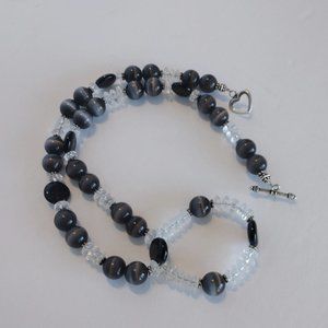 Handmad Charcoal Agate Beaded Necklace With Clear Beads Hand Crafted 17 inches